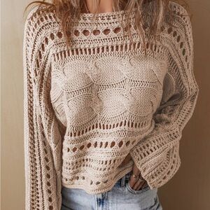Elegant Hollow-Out Oversized Cable Knit Beige Sweater Size Small